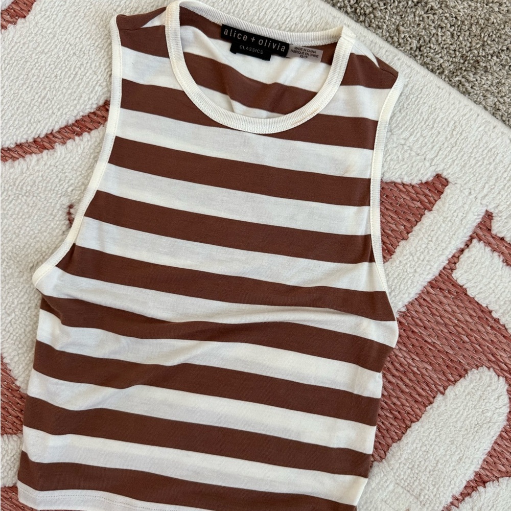 Alice + Olivia Brown and White Striped Muscle Tee